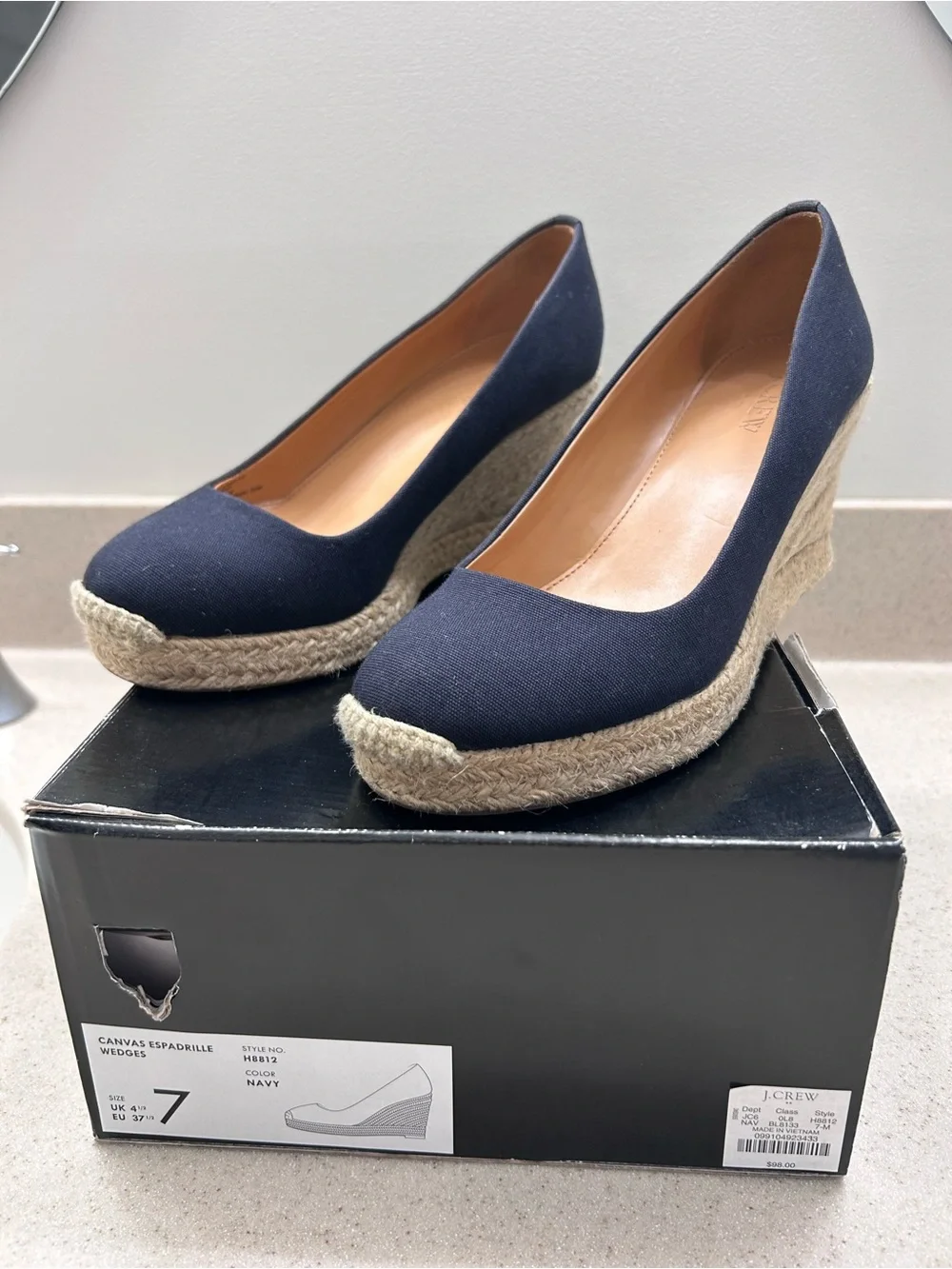 J. Crew Factory Navy Canvas Espadrille Wedge Pumps, Size 7